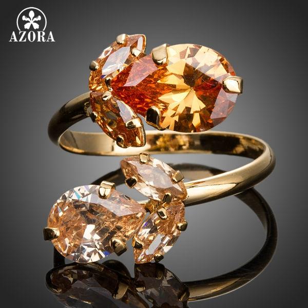 

AZORA Gold Color Double Flowers Champagne Cubic Zirconia Waterdrop Adjustable Size Ring TR0141