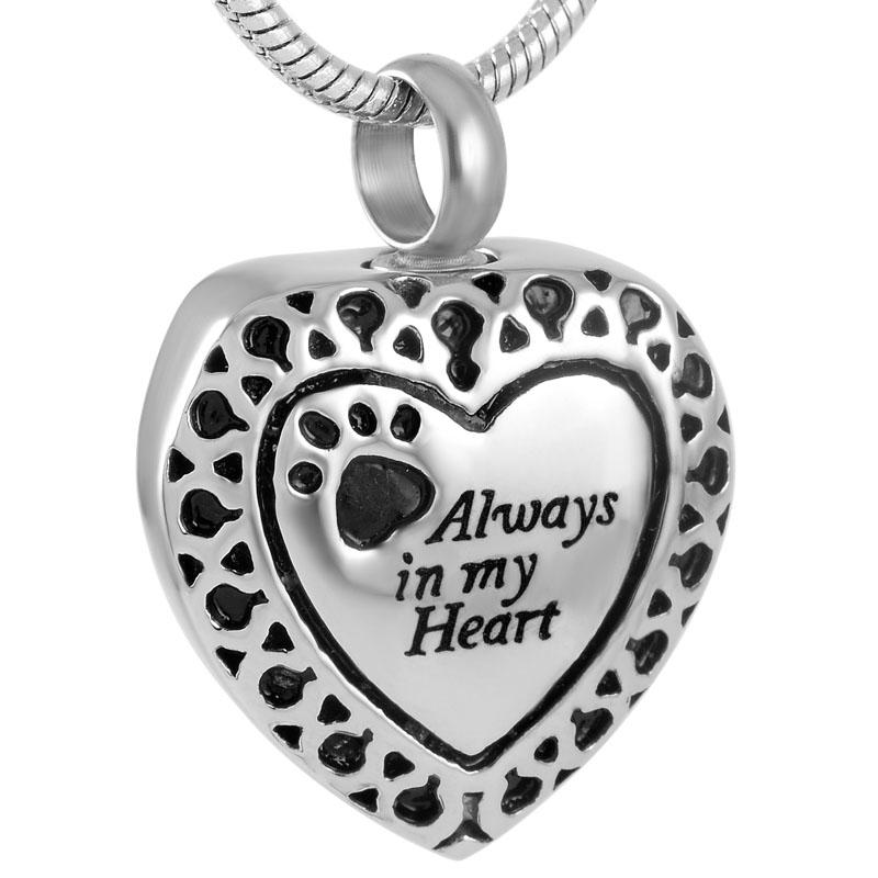 

IJD9188 Stainless Steel Cremation Free "Always in My Heart" Pet Print Memorial Urn Necklace Pendant Necklace