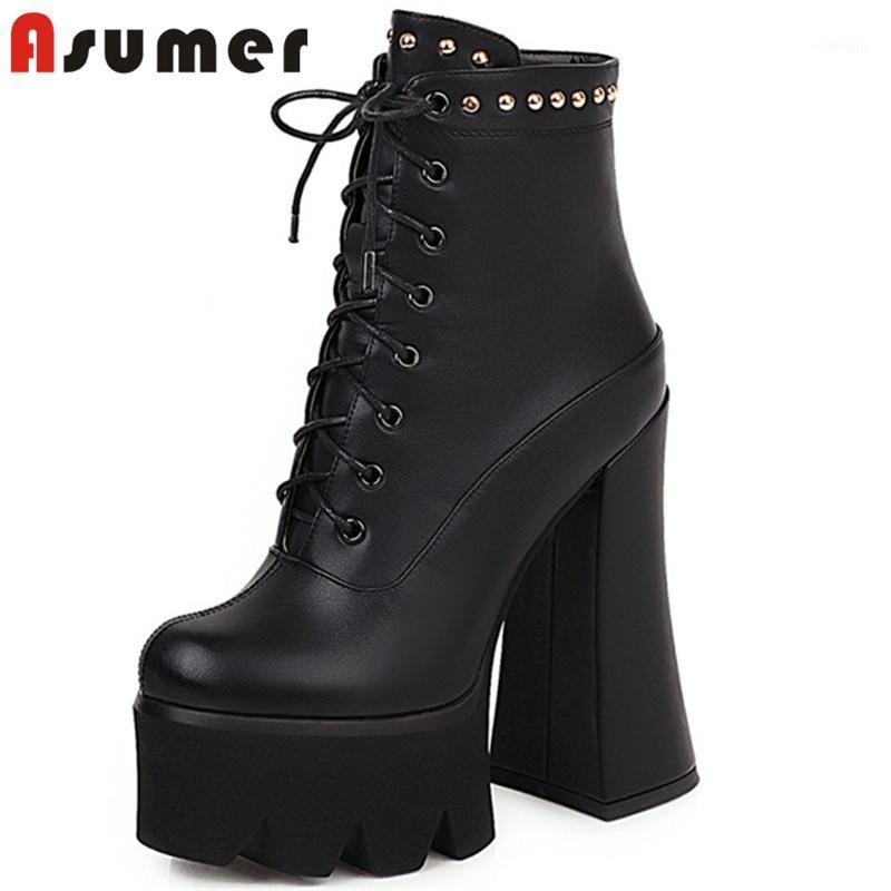 

ASUMER 2020 sexy super high heel platform boots women party prom shoes round toe rivet autumn winter ankle boots woman black1, Black not fur