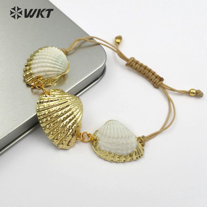 

WT-B440 Special Design White Scallop Shell With One Full Metallic Shell Handmade Bracelet Women Sea Side Gold Bracelet Jewelry1