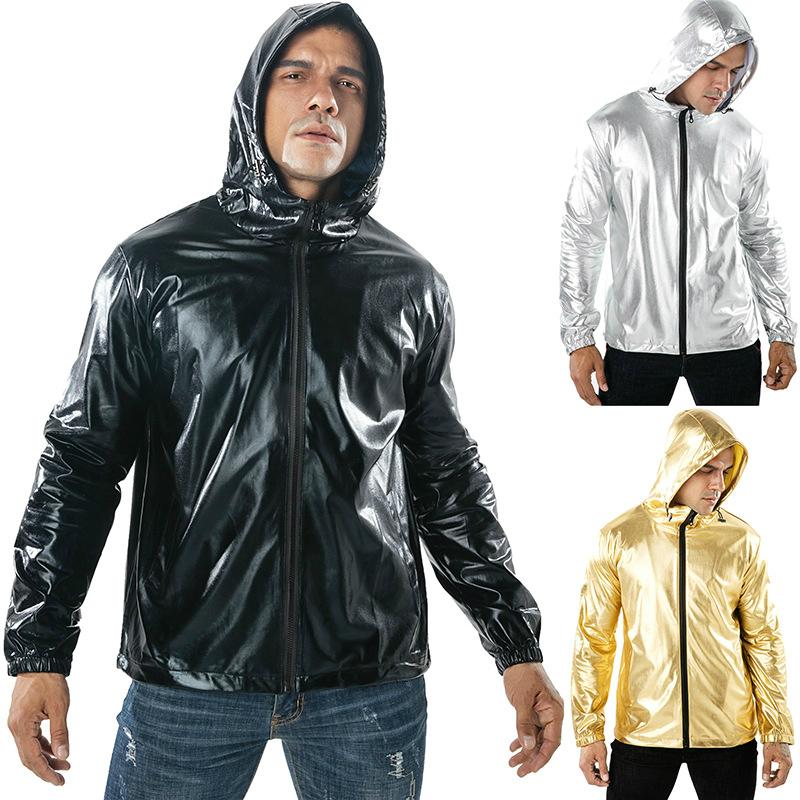 

Gilded Black Shiny Hooded Coat Men Zipper Sports Outdoor Jacket Outerwear Boy Casual Long Sleeve Top Oversized Reflective Jacket
