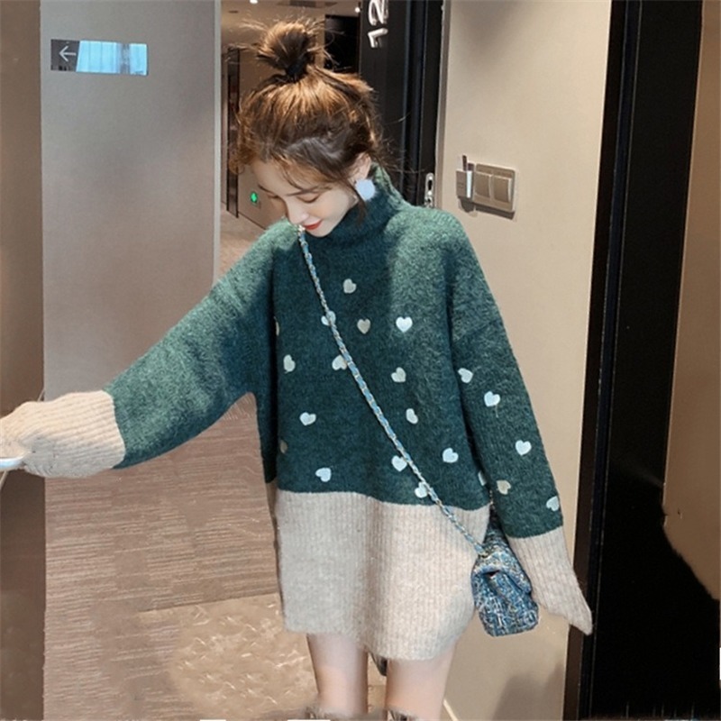 

2021 New Love embroidered women's clothes polyester office lady autumn and winter turtleneck high sweater lazy wind DVXK, Gray.