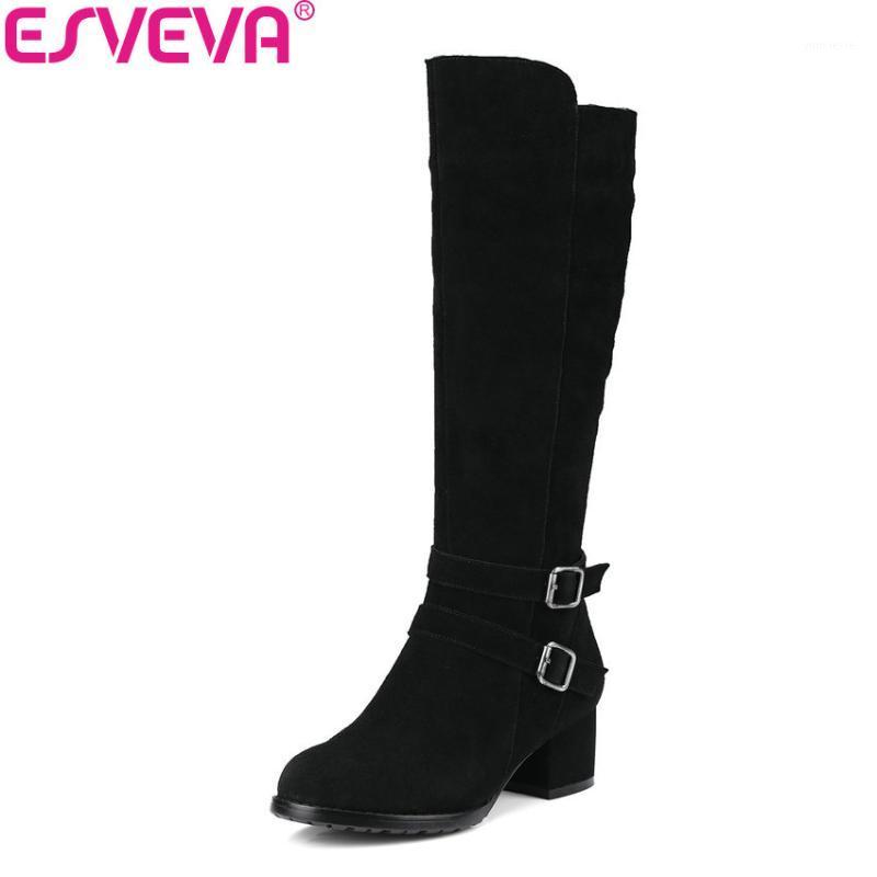 

ESVEVA 2020 Women Boots Short Plush Knee-high Boots Elegant Cow Suede Ladies Warm Square High Heels Ladies Long Size 34-401, Black