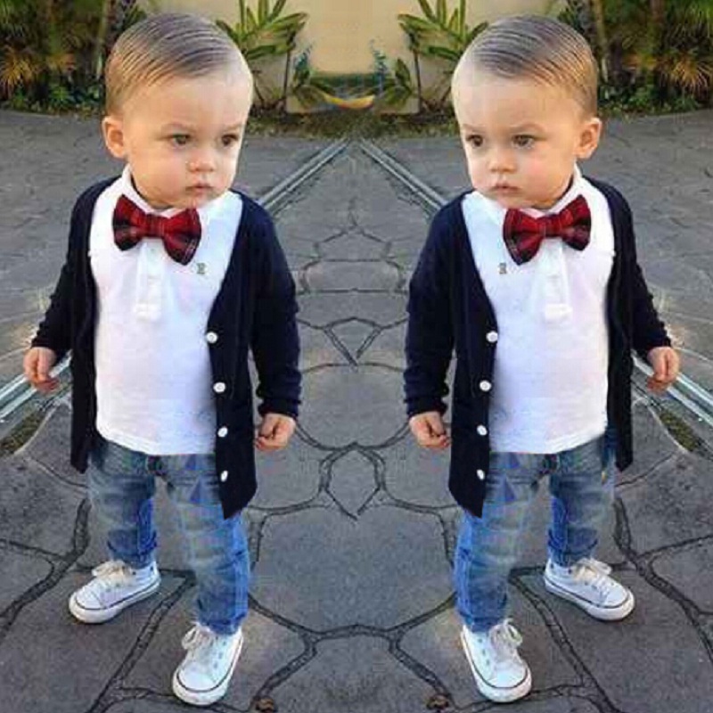 

New Autumn Children Clothing Set Cardigan+T-shir+Jeans 3pcs Boys Clothing Set Baby Suit, White
