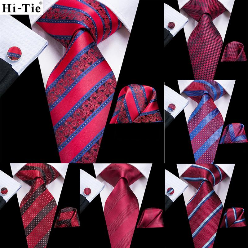 

Hi-Tie Gift For Men Red Wine Burgundy Silk Wedding Tie For Men Hanky Cufflink Set Business Party Dropshipping Fashion Designer