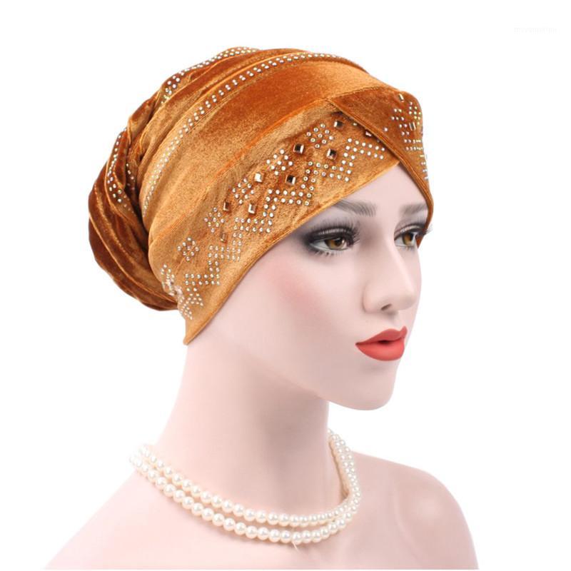 

Fashion Muslim female velve turban hat slouchy baggy hat bonnet rhinestone solid beanie hair bonnets cap for women TB-1071, Green