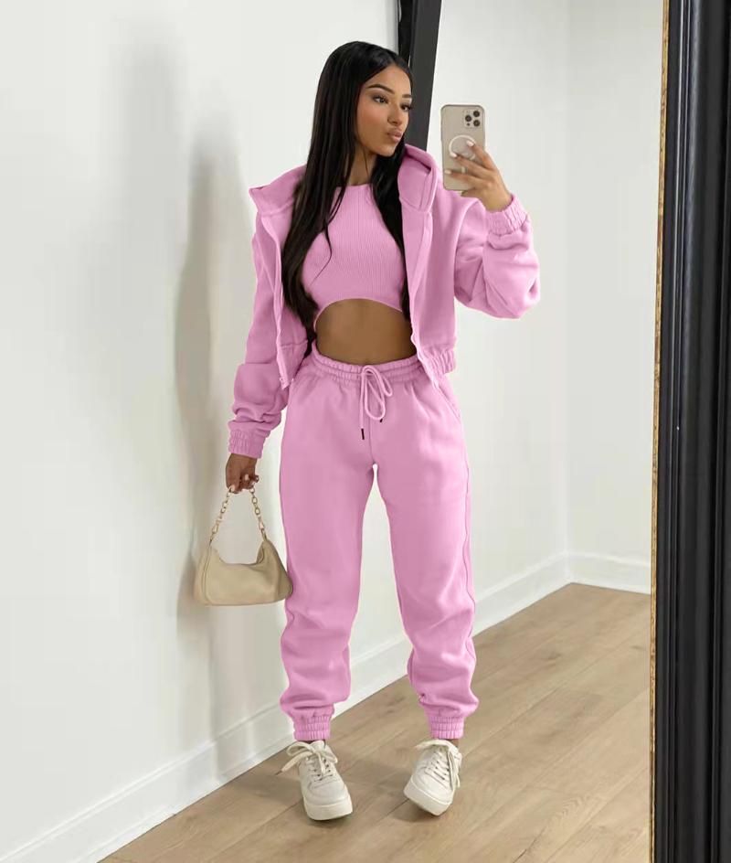

Women's Two Piece Pants Women 3 Sets Casual Long Sleeve Zip Hoodies+Ribbed Tank+High Waist Sweatpants Jogger Pant Suits Sporty Three Pieces, White