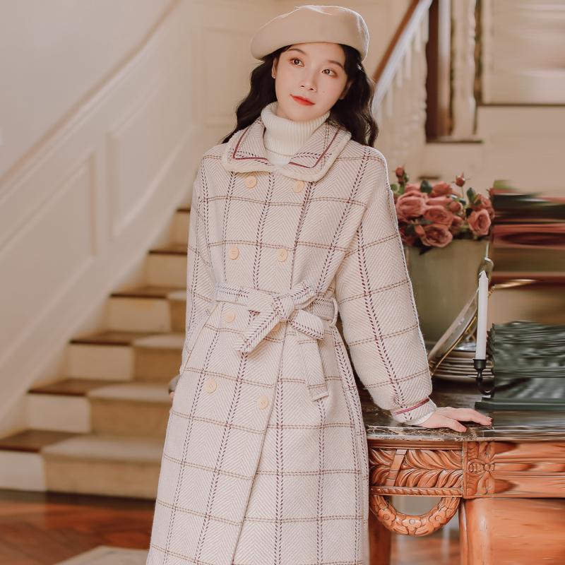 

2020 new fashion women' clothing Turn-down Collar Double Breasted Plaid Long Full coat wool coat