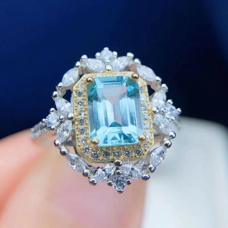 

Cluster Rings Natural Real Blue Topaz Rectangle Luxury Ring Per Jewelry 925 Sterling Silver 6*8mm 2.4ct Gemstone Fine T211145, Golden;silver