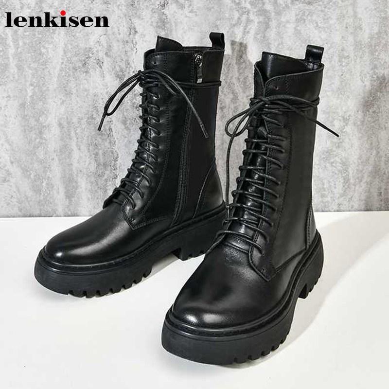 

Lenkisen hot Internet popular genuine leather boots black colors lace up round toe high heels women keep warm mid-calf boots L971