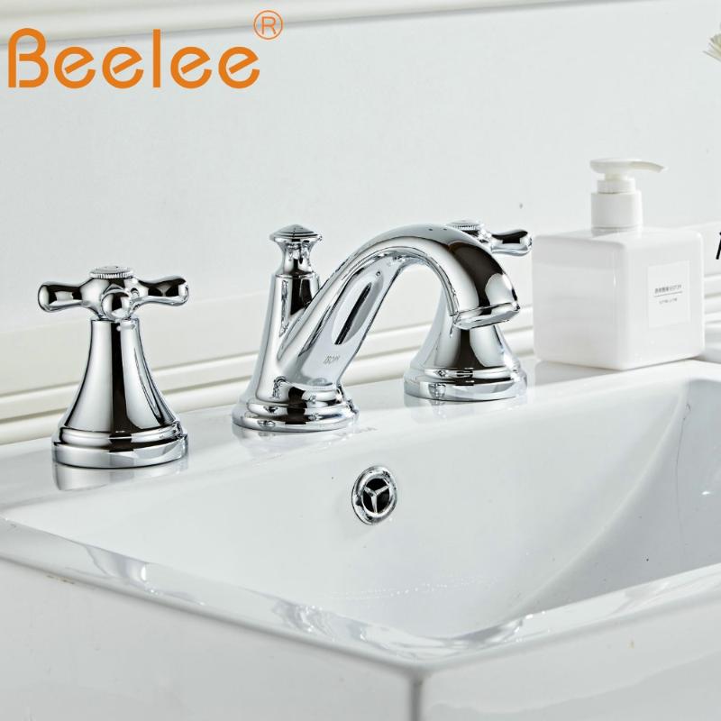 

Beelee Bathroom Basin Faucet Brass Water Mixer Tap Chrome Finish Double-handle Three Holes Basin Sink Vanity Faucet torneira