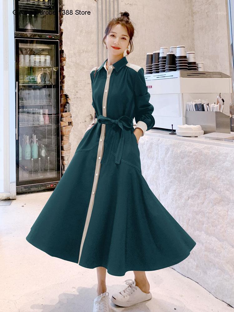 

Long sleeve dress new fashion spring and autumn 2020 with waist closing and age reducing temperament design sense shirt long1, Green