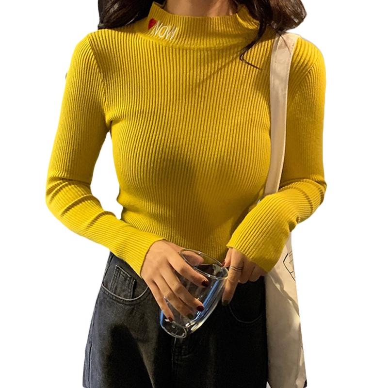 

Women Long Sleeve Knitted Sweater Letter Heart Embroidery Turtleneck Slim Tops, Black