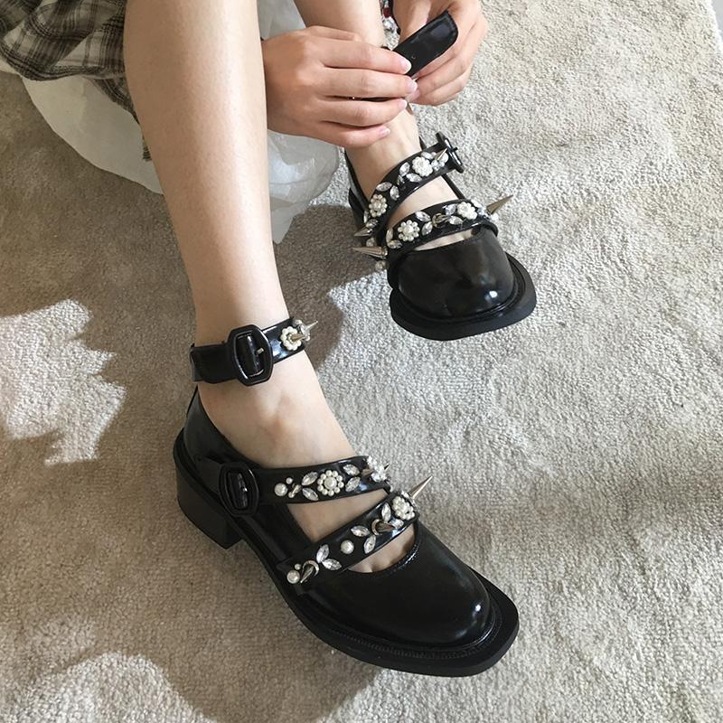 

Women's PU Leather Black Pumps Shoes Rivets Ankle Strap Rhinestones Pearls Round Toe B2531
