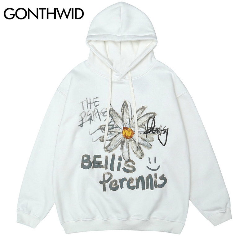 

Hip Hop Graffiti Streetwear Hoodies Harajuku Daisy Flowers Print Casual Pullover Hooded Sweatshirts 2020 Mens Tops Male, White