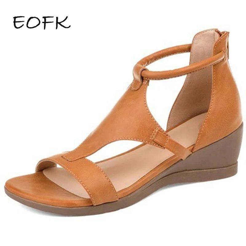 

EOFK Women Summer Sandals Mid Heels Wedges Shoes Woman Vintage PU Leather Plus Size Gladiator Sandalias Mujer Sapato Feminino, Brown