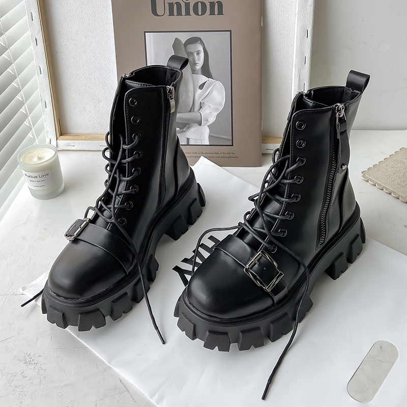 

Winter Women Genuine Leather Black Hammers Ankle Thick Heel Platform Boots of the Motorcycle 70gv