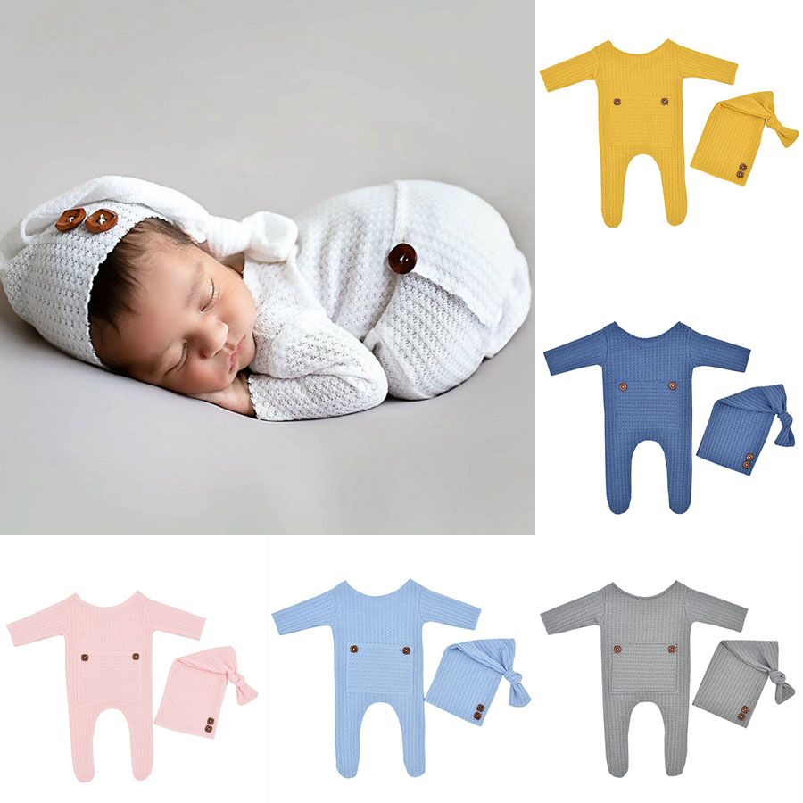 

Romper Set Footed  Knitted Romper + Sleepy Hat 2Pcs/Set Cute Baby Photography Prop M2997, Gray