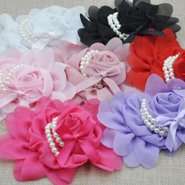 

1pcs big Chiffon Rose Flower Pearls Headband-Wedding Appliques B182, Black
