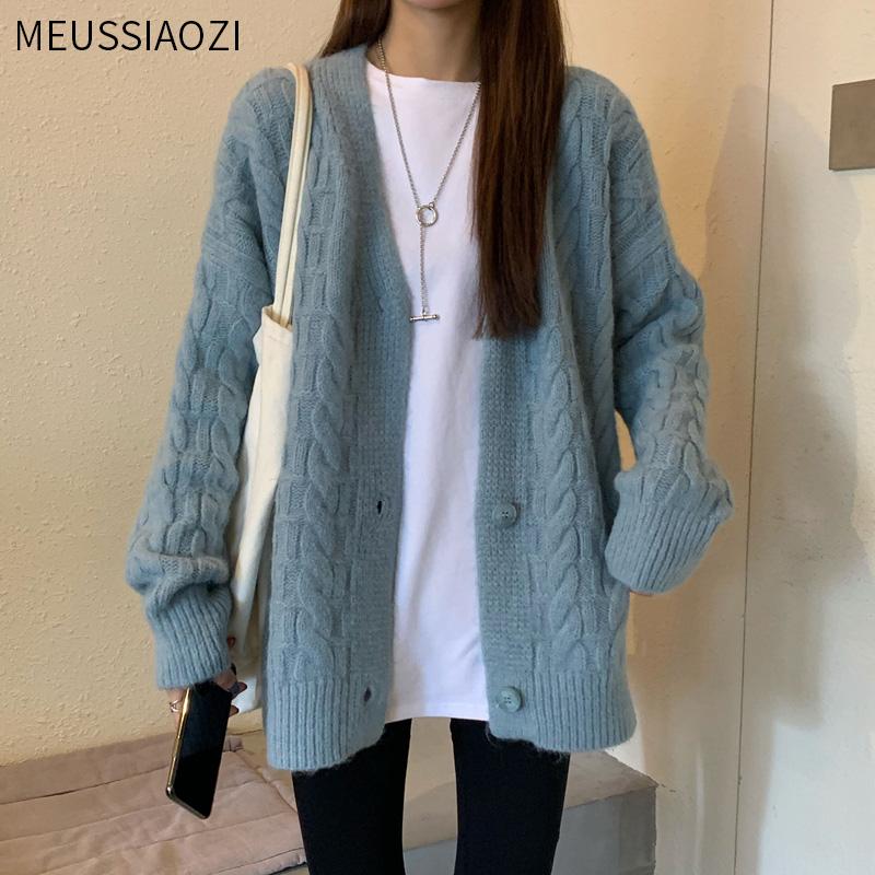 

Casual Cardigan Knitted V Neck Sweater Women 2021 Autumn Winter Long Sleeve Solid Cardigan Knitted Sweaters Coat & Jackets Women, Blue