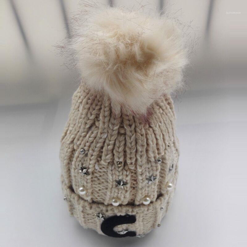 

New Ladies C letter Casual Knitted Beanies Women Beige Thick Warm Fleece Knitting Skullies Hats Caps Beads Rivets Bone Gorros1