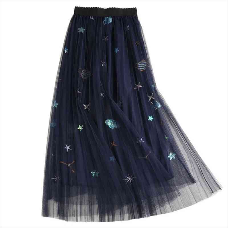 

Sweet Embroidered Pleated Tulle Skirt Women Summer A Line Long Skirts High Waist Sequined Planets Mesh Maxi Skirts, Black