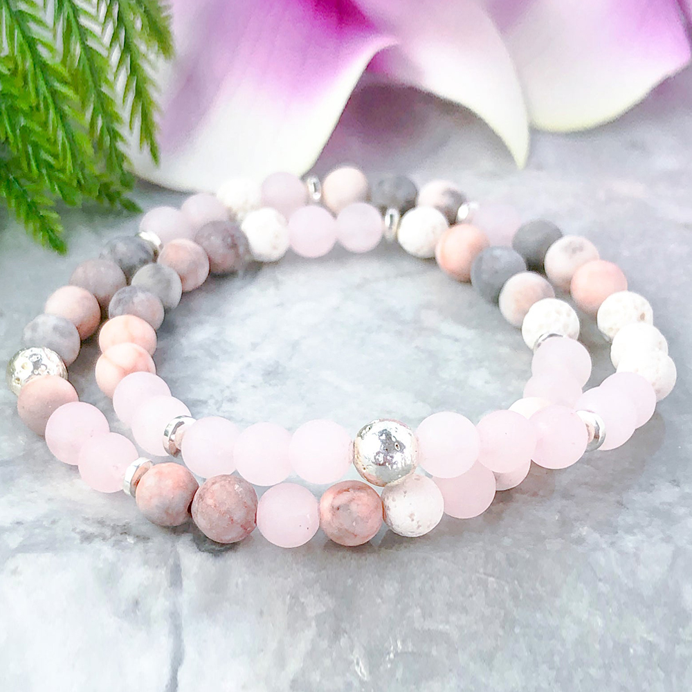 

MG1092 New Design Mala Bead Bracelet Set for Women Boho Double Wrap Bracelet Pink Rose Quartz Lava Energy Bracelet 6 mm Beaded Layering, Black