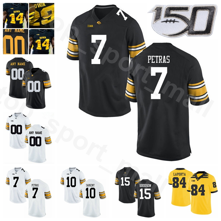 

NCAA Iowa Hawkeyes College Football 7 Spencer Petras Jersey 15 Tyler Goodson 10 Mekhi Sargent 84 Sam LaPorta 6 Ihmir Smith-Marsette Custom Men Stitched, With 150th patch