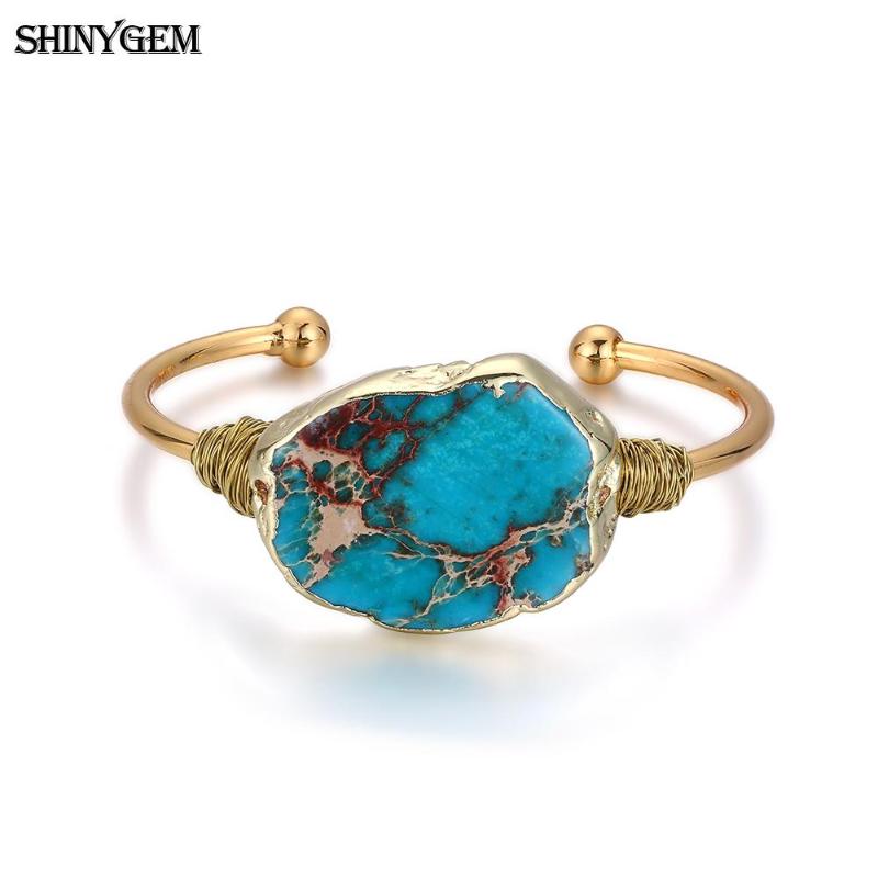 

ShinyGem Natural Stone Bangle Bracelet Vintage Irregular Big Jaspers Stone Bangle Handmade Gold Wire Open Cuff Bangles For Women
