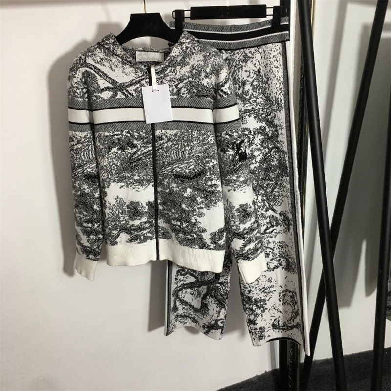 

Women's Two Piece Pants Knit Sport Suit Animal Forest Print Long Sleeve Zipper Cardigan Coat Knitted Tracksuits Set Wide-legged Pants, Extra shipping cost