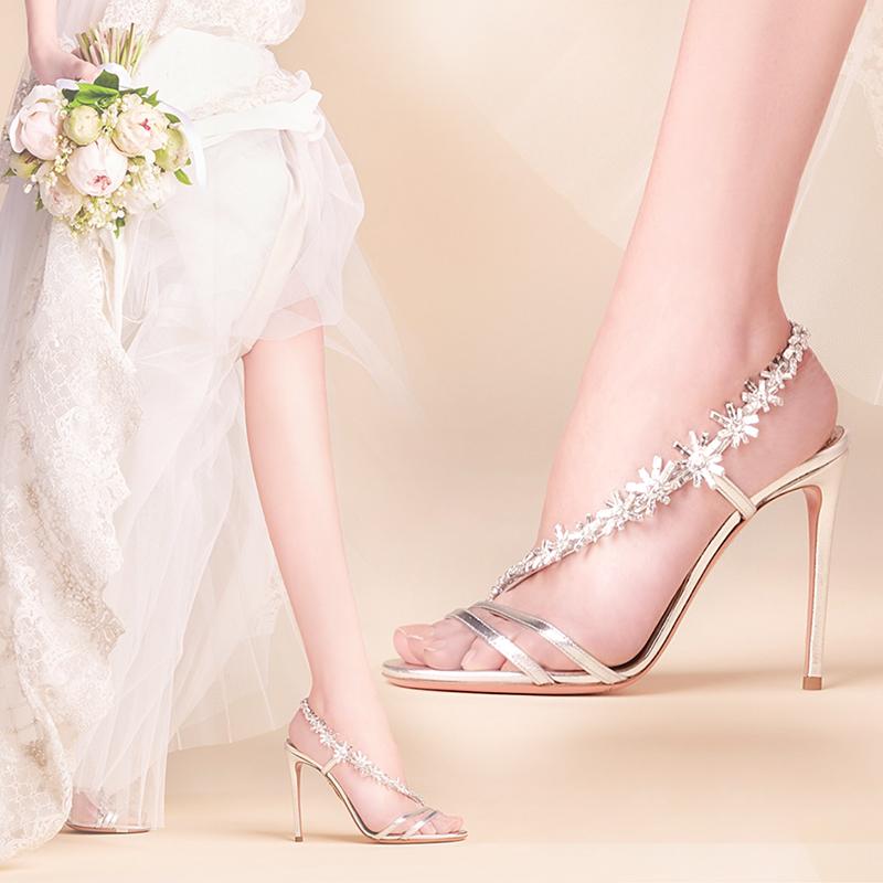 

2021 summer new stiletto heels female pointed toe hollow crystal dress sandals sexy large size bridesmaid party wedding shoes, Heel height 10.5 cm