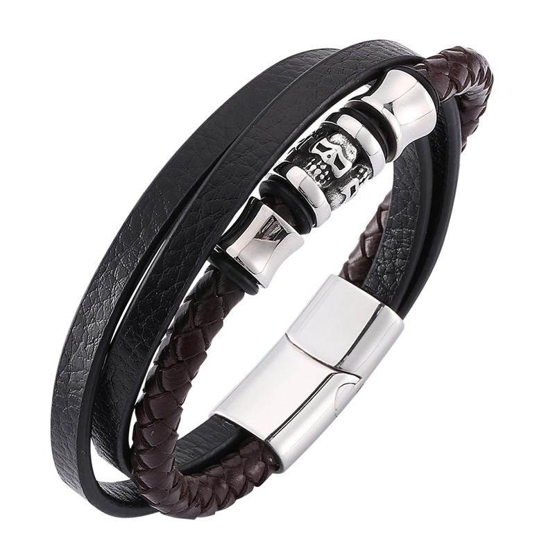 

New Punk Jewelry Mens Bracelet Black Multilayer Braided Leather Wrap Bracelets Men Stainless Steel Skull Bracelet Bangles SP0210