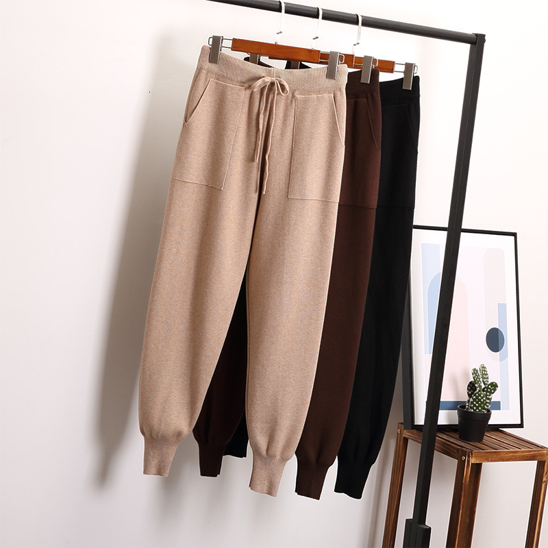 

2021 New Casual Harem Loose for Women Knitted Pants Autumn Winter Solid Color Sweater Trousers with Pockets Y98l, Coffice