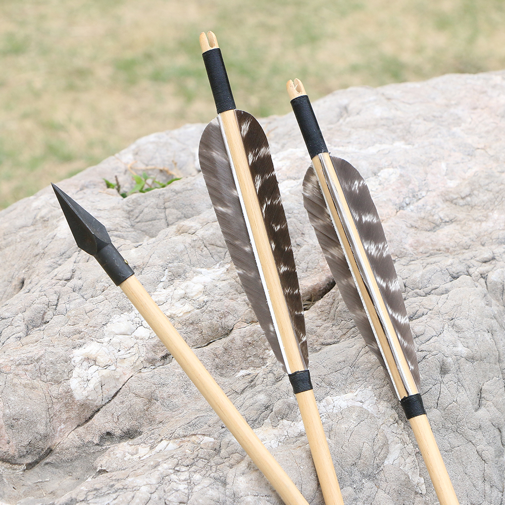 

12pcs Archery Wooden Arrows with Steel Broadheads Real Feather for Adult Traditional Recurve Bow Longbow turkey feather wooden arrows