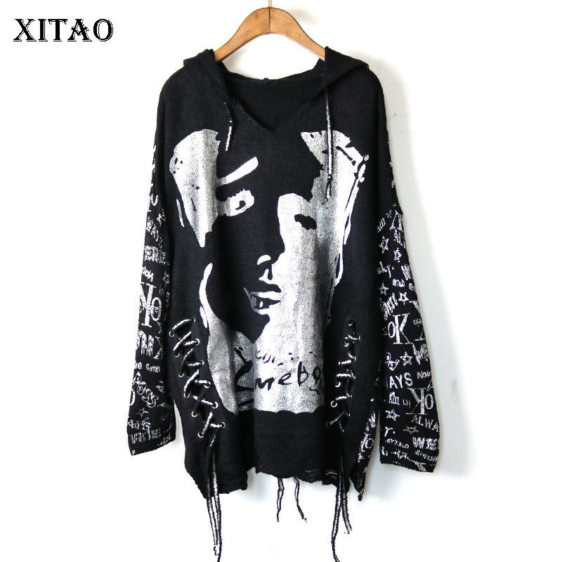 

XITAO Knitted Tassel Sweater Pullover Hooded Collar Full Sleeve Patchwork Letter Character Pattern Winter Sweater DMY1863 201130, Black dmy1863