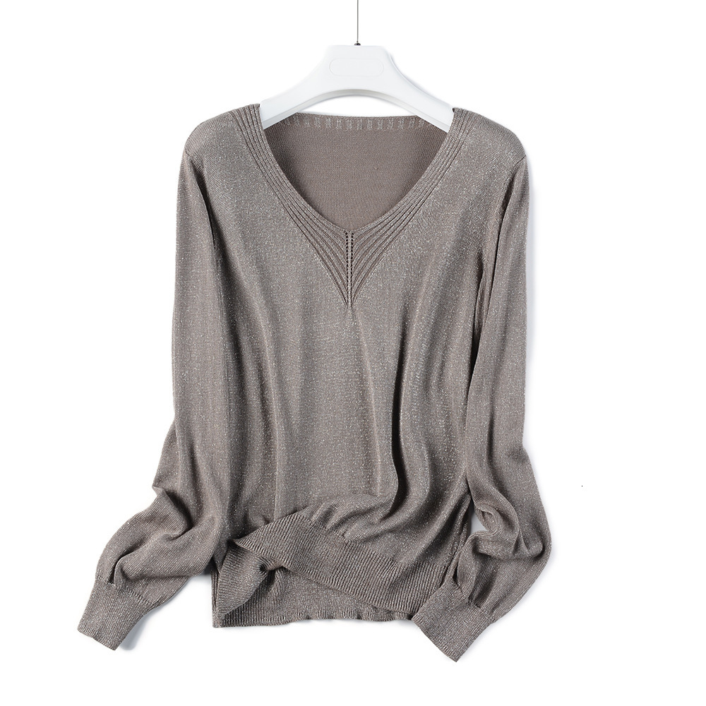 

2021 New Summer Shiny Women v Neck Sweater Long Sleeve Pullover Tops Spring Autumn Knit Soft Female Jumper Jersey Mujer Ua7w, Gray