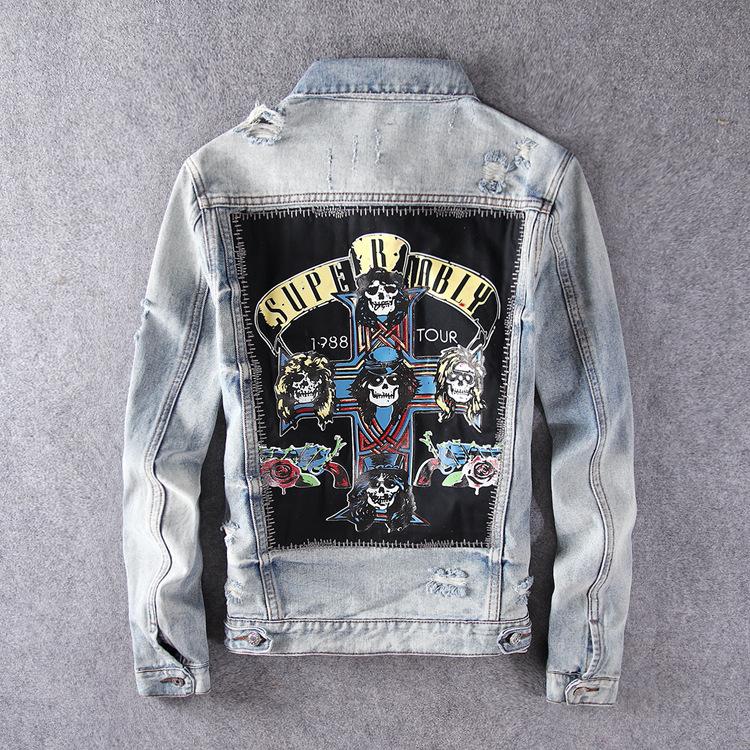 

Harajuku Casual rocker GNR Stamp Washed destroy fades Vintage indigo blue Denim Jacket rock Sweatshirt Guns N Roses Streetwear, Black;brown