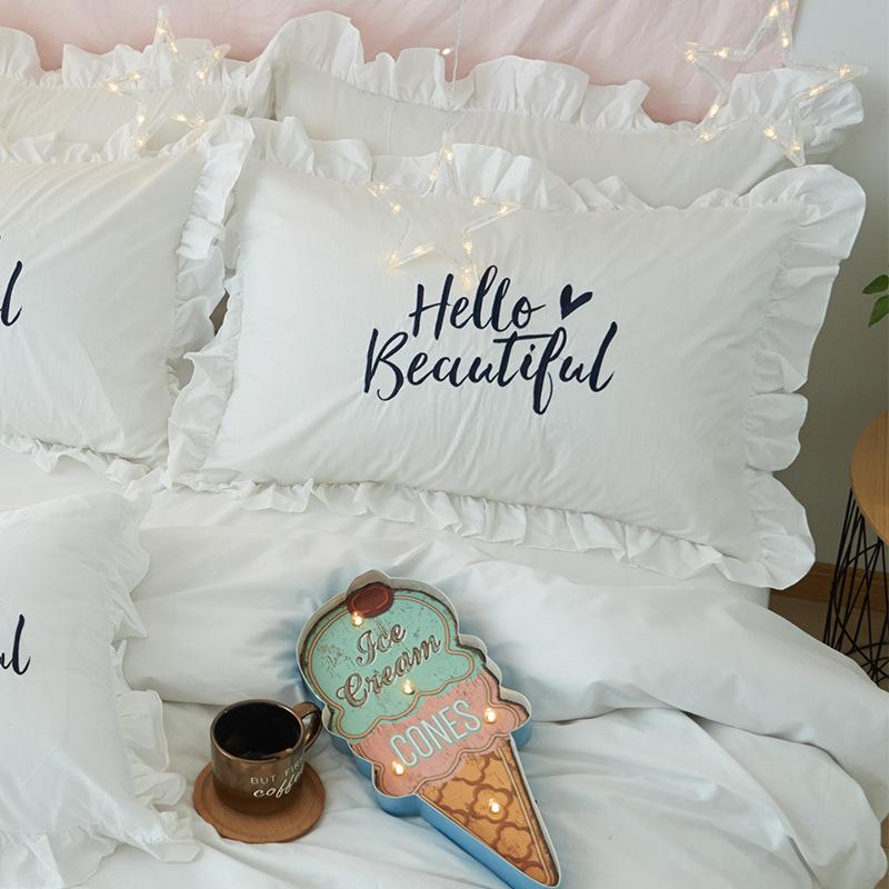 

2pcs Lovely Lotus Leaf Embroidery 100% Cotton Pillowcase Solid Color Pillow Cover Girls Room Decorative Sleeping Pillow Case