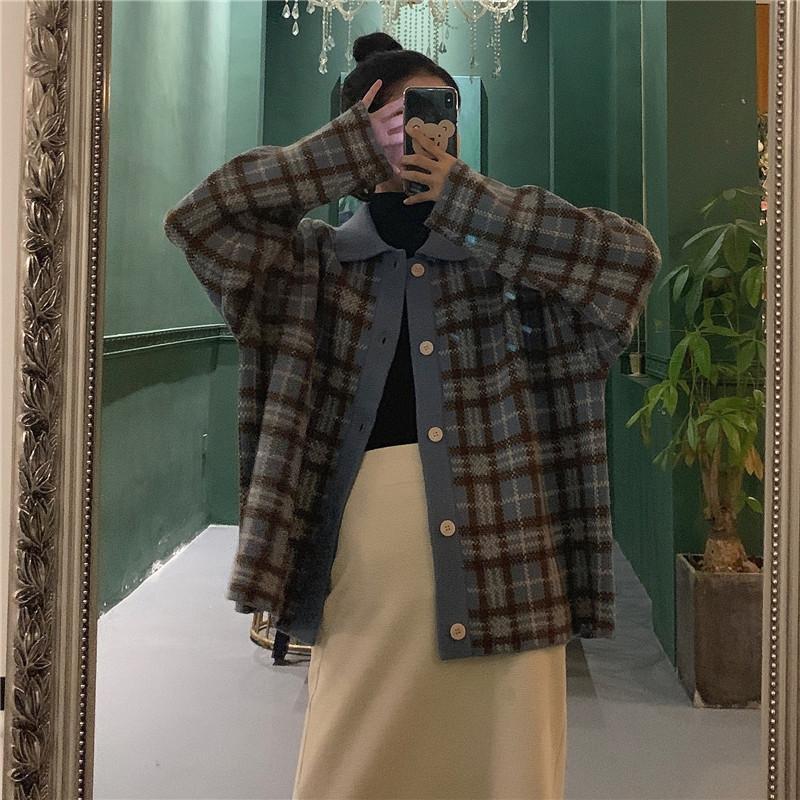 

2021 Early Spring Plaid Knit Sweater Jacket Women Cardigan Student Retro Japanese Loose Lazy Wind Korean Version All-match Chic, Tibetan green plaid