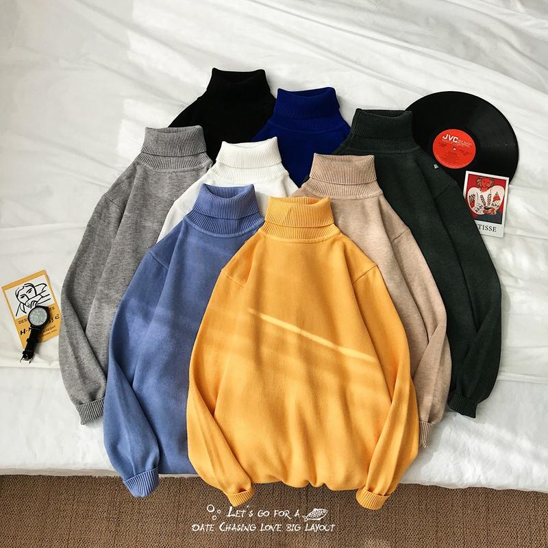

Autumn Winter Men Slim Fit Knitted Pullovers Male Tops Men Sweater Solid Color Casual Slim Fit Knitting Turtleneck Sweater, Khaki