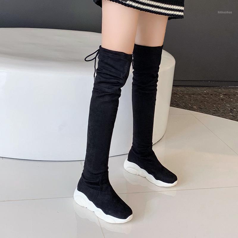 

AIWEIYi Stretch Boots for Woman Black Lace Up Over the Knee Boots Round toe Flat Thigh High Autumn Winter Footwear Shoes1, Blackshort