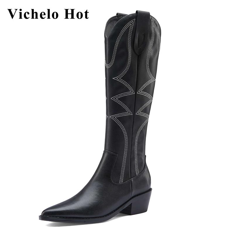 

Vichelo Hot hot sale western boots split leather mixed colors pointed toe thick med heel zipper young girls knee-high boots L93, Black