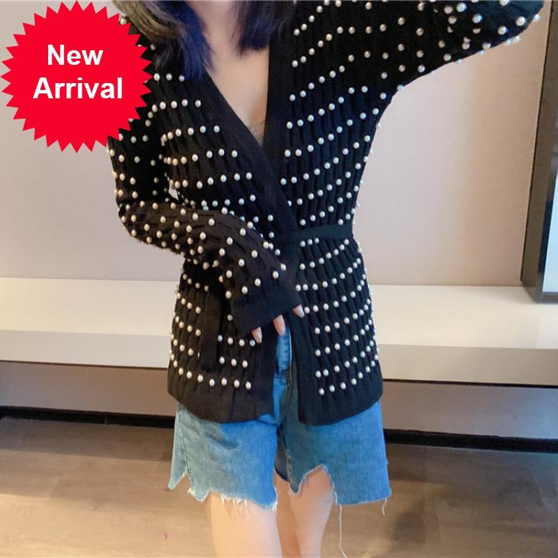 

2021 New High Quality Women's Fashions Frizzy with Long Sleeve V-necked Black Neckline Cardigan Luxury Track Design New Sweater Wzf9, Beige