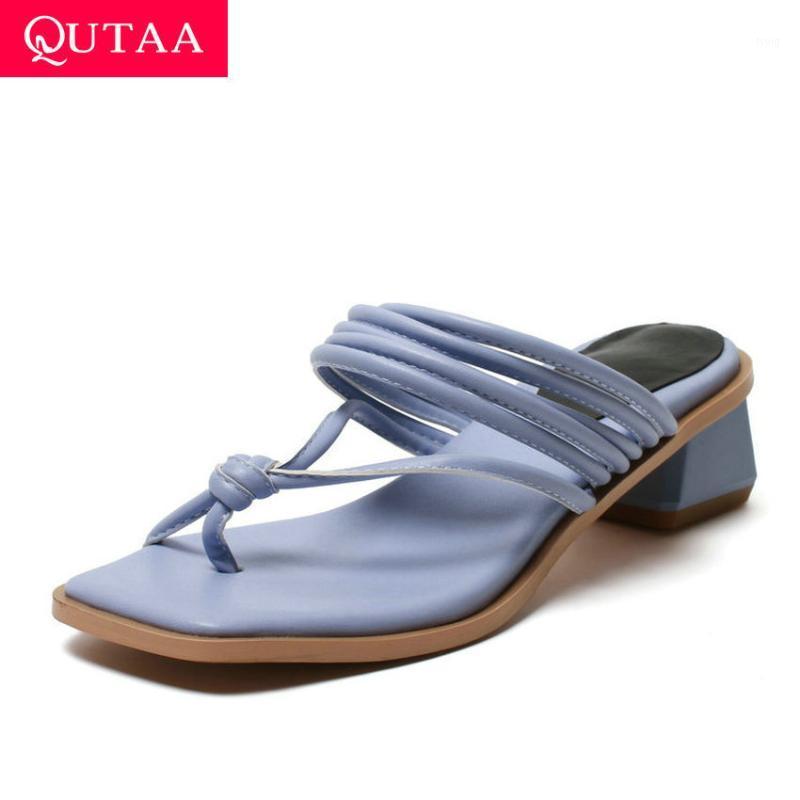 

QUTAA 2020 Cut Outs Summer Women Pumps PU Leather Fashion Slingback Sandals Square Middle Heel All Match Ladies Shoes Size 34-431, Beige