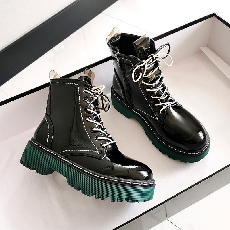 

Women Combat Boots 2021 Fashion Platform Gothic Shoes Black Leather Thick Soles Motorcycle Boots Women Warm Fur Ankle1, Green