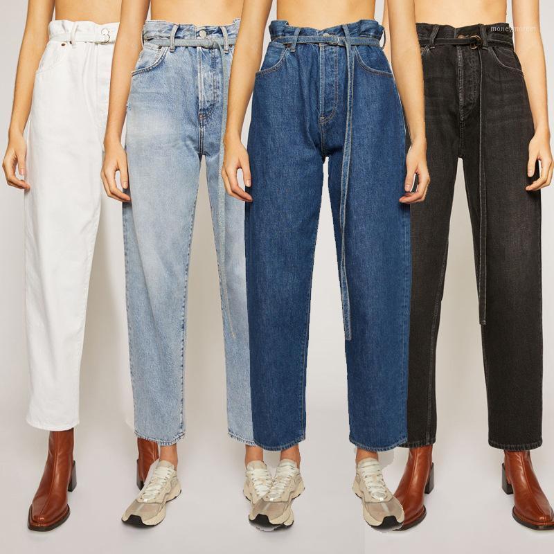 

Women jeans Autumn Winter Classic Brand luxry design Retro Casual High Waist Belt Straight Tube Capris Jeans Ankle-length Pants1, Blue