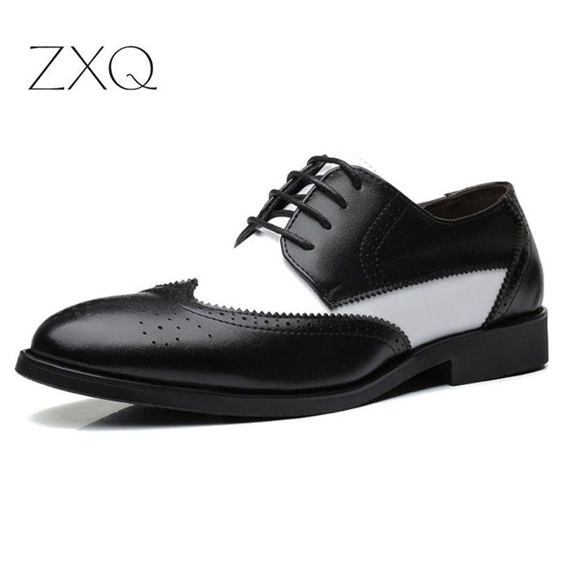 

2020 British Style Men's Trend Pointed Toe Brogues Shoes Men Wedding Leather Dress Shoes Black With White Formal Men