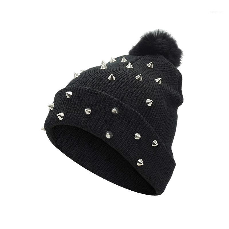 

Women Punk Rivet Winter Hat Black Big Pom Pom Hat Fashion Knitted Wool Thick Warm Ladies Hat1