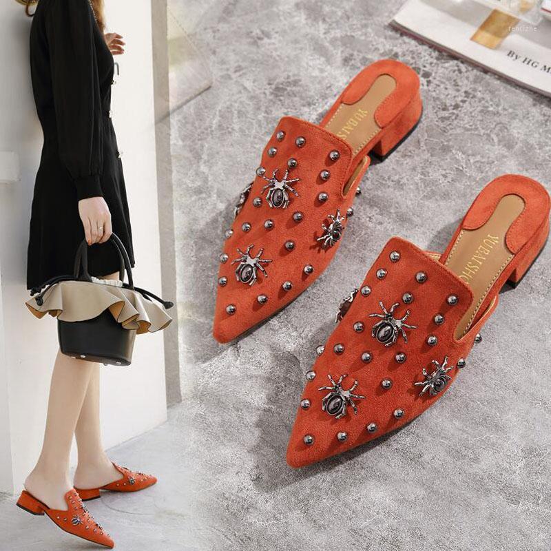 

Summer New 2020 Women Pointed Toe Slippers Slip on Mules Designers Fashion Luxury Spider Rivet Slides Loafers F299-861, Black