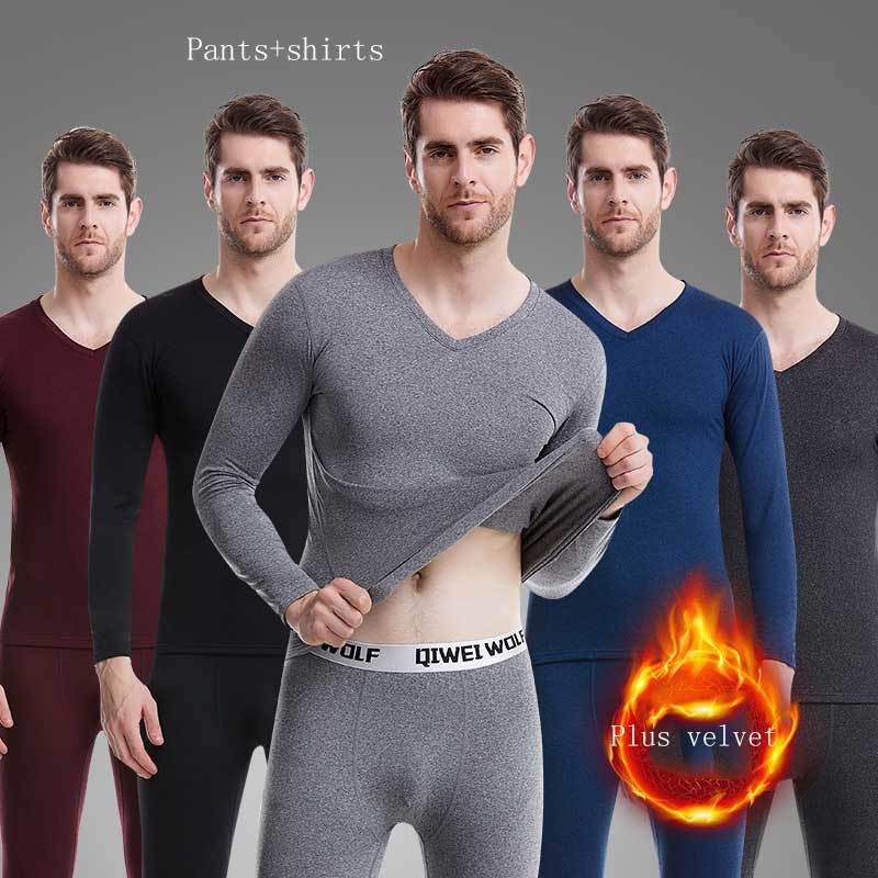

2020 Male Winter Thicken Suites Hot Russian Thermal Underwear with Cleavage v Warm Pants Set of Two New Ultra-soft Long Johns, Blue